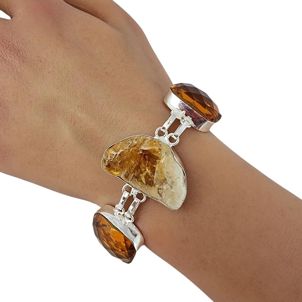 Rough citrine gemstone baroque pearl bracelet amber glass chunky bracelet J04